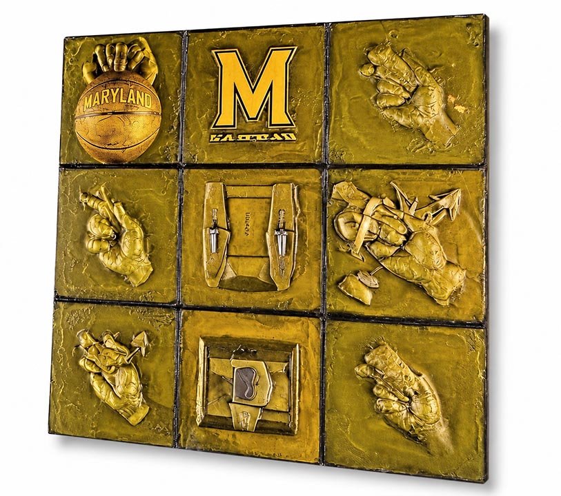 Nine-tile yellow-gold cast glass family panel